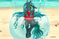 Size: 3000x2000 | Tagged: dead source, safe, artist:mrsremi, imported from derpibooru, queen chrysalis, changeling, changeling queen, beach, blushing, cold, female, glass, ice cube, solo, water