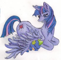 Size: 1401x1385 | Tagged: safe, artist:penguin4213, imported from derpibooru, spike, twilight sparkle, alicorn, pony, cute, female, mama twilight, mare, sleeping, spikelove, traditional art, twilight sparkle (alicorn), wing blanket