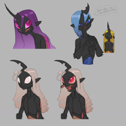 Size: 1635x1626 | Tagged: safe, artist:carnifex, imported from derpibooru, oc, oc only, oc:ambrosia, oc:calliphora, oc:miasma, oc:myxine, changeling, changeling queen, human, blue changeling, changeling oc, changeling queen oc, female, garrus vakarian, gray background, humanized, humanoid, insectoid, mandibles, mass effect, nictitating membrane, purple changeling, red changeling, red eyes, simple background