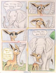 Size: 786x1016 | Tagged: safe, artist:thefriendlyelephant, imported from derpibooru, oc, oc only, oc:nuk, oc:obi, antelope, elephant, gerenuk, comic:friends of all sizes, affection, animal in mlp form, big ears, big eyes, blushing, boop, comic, cute, duo, hug, traditional art, tree, trunkboop, trunkhug