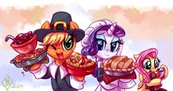 Size: 1280x671 | Tagged: safe, artist:whitediamonds, imported from derpibooru, applejack, fluttershy, rarity, earth pony, pegasus, pony, turkey, unicorn, 2014, apple pie, bonnet, clothes, female, food, freckles, hat, lesbian, looking at you, mare, one eye closed, open mouth, pie, pilgrim hat, pilgrim outfit, rarijack, rarijack daily, shipping, thanksgiving, wink