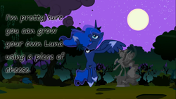 Size: 1280x720 | Tagged: safe, imported from derpibooru, princess luna, cheese, female, insane pony thread, moon, solo