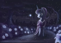 Size: 3508x2480 | Tagged: safe, artist:plainoasis, imported from derpibooru, princess luna, alicorn, pony, alternate hairstyle, bioluminescent, clothes, dress, female, flower, garden, glow, glowing, horn, jewelry, mare, night, path, plant, scenery, snow, solo, starry night, trail, tree