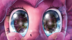 Size: 3200x1800 | Tagged: safe, artist:hunternif, imported from derpibooru, pinkie pie, close-up, extreme close up, extreme close-up, eye, eyes, female, solo, space, watching