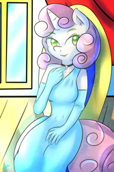 Size: 1280x1920 | Tagged: safe, artist:wolfy-pony, imported from derpibooru, sweetie belle, anthro, beautiful, bedroom eyes, clothes, cute, dress, evening gloves, horn, older, pendant, pony ears