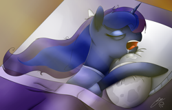Size: 2712x1748 | Tagged: safe, artist:iraincloud, imported from derpibooru, princess luna, pony, lunadoodle, bed, drool, female, majestic as fuck, moon plushie, plushie, sleeping, snoring, solo