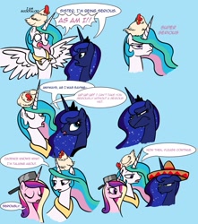 Size: 1271x1440 | Tagged: safe, artist:iraincloud, artist:zicygomar, edit, imported from derpibooru, princess cadance, princess celestia, princess luna, alicorn, chicken, pony, blue background, colored, comic, dialogue, eyes closed, female, frying pan, funny, hat, hilarious in hindsight, looking at each other, mare, meme, open mouth, scootachicken, serious hat, sibling teasing, sillestia, silly, silly pony, simple background, sombrero, speech bubble, trollestia