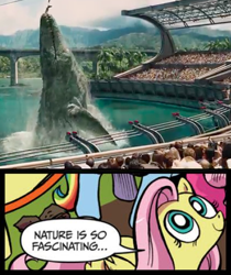 Size: 397x473 | Tagged: safe, edit, idw, imported from derpibooru, fluttershy, mosasaur, pegasus, pony, exploitable meme, female, jurassic park, jurassic world, mare, meme, nature is so fascinating, obligatory pony