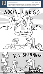 Size: 800x1347 | Tagged: safe, artist:why485, imported from derpibooru, daisy, flower wishes, lily, lily valley, roseluck, ask the flower trio, ask, comic, flower trio, hiimdaisy, monochrome, persona, persona 4, social link, tumblr