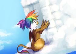 Size: 1400x990 | Tagged: safe, artist:bakki, imported from derpibooru, oc, oc only, oc:rainbow feather, griffon, building, castle, cloud, cloudy, glow, glowing, interspecies offspring, magical lesbian spawn, offspring, parent:gilda, parent:rainbow dash, parents:gildash, solo