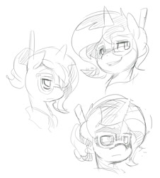 Size: 856x946 | Tagged: safe, artist:ende26, imported from derpibooru, sunset shimmer, pony, unicorn, alternate hairstyle, female, glasses, monochrome, portrait, sketch, solo