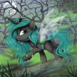 Size: 2300x2300 | Tagged: safe, artist:meotashie, imported from derpibooru, queen chrysalis, bird, changeling, changeling queen, nymph, owl, crown, fangs, female, forest, jewelry, looking at you, moon, raised hoof, regalia, solo, swamp, transparent wings, water, wings