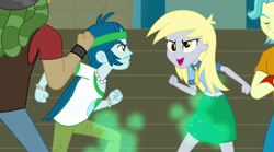 Size: 1280x714 | Tagged: safe, imported from derpibooru, screencap, brawly beats, captain planet, derpy hooves, sandalwood, equestria girls, rainbow rocks, background human, camrip, come at me bro, eco kids, imminent fight