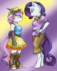 Size: 800x1000 | Tagged: safe, artist:kaemantis, imported from derpibooru, rarity, sweetie belle, anthro, unguligrade anthro, clothes, crime against fashion, hoof boots, imminent spanking, older, tacky