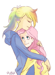 Size: 400x541 | Tagged: safe, artist:audraviolet, imported from derpibooru, fluttershy, rainbow dash, human, female, flutterdash, hug, humanized, lesbian, shipping