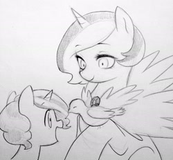 Size: 2048x1898 | Tagged: safe, artist:kianamai, imported from derpibooru, oc, oc only, oc:dove (kianamai), oc:sugar rush, bird, dove, pony, unicorn, kilalaverse, female, mare, next generation, offspring, parent:pinkie pie, parent:pokey pierce, parent:trixie, parent:unnamed oc, parents:canon x oc, parents:pokeypie, pencil drawing, traditional art