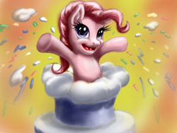 Size: 1600x1200 | Tagged: safe, artist:88shyguy, imported from derpibooru, pinkie pie, cake, female, pop out cake, popping out of a cake, solo