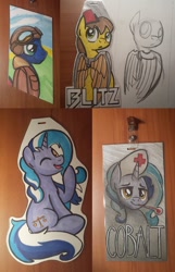 Size: 618x960 | Tagged: safe, artist:drawponies, imported from derpibooru, oc, oc only, oc:blitz, oc:cobalt, badge, con badge, goggles, nurse, photo, raised hoof, smiling, traditional art, wink