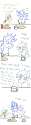 Size: 800x3200 | Tagged: safe, artist:jargon scott, imported from derpibooru, princess luna, oc, oc:baroness, oc:grittyguts, blushing, breakfast, comic, dream walker luna, kissing, morning after, pancakes, prince artemis, rule 63