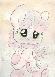 Size: 679x952 | Tagged: safe, artist:slightlyshade, imported from derpibooru, sweetie belle, boots, clothes, female, scarf, snow, solo, traditional art, winter