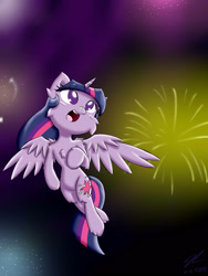 Size: 1200x1600 | Tagged: safe, artist:harthric, imported from derpibooru, twilight sparkle, alicorn, pony, cheek fluff, chest fluff, female, fireworks, mare, solo, twilight sparkle (alicorn)