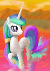 Size: 1423x2000 | Tagged: safe, artist:deathpwny, imported from derpibooru, princess celestia, pony, alternate hairstyle, female, solo