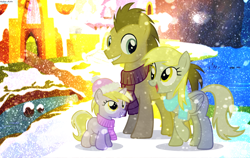 Size: 1500x950 | Tagged: safe, artist:asika-aida, imported from derpibooru, derpy hooves, dinky hooves, doctor whooves, time turner, pegasus, pony, clothes, doctorderpy, equestria's best mother, female, male, mare, scarf, shipping, snow, snowfall, straight, winter