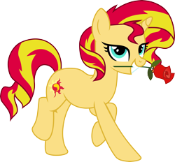 Size: 4833x4485 | Tagged: safe, artist:lunarina, imported from derpibooru, sunset shimmer, pony, unicorn, absurd resolution, female, mouth hold, rose, simple background, solo, transparent background, vector