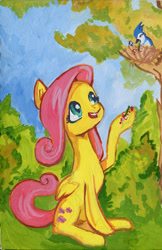 Size: 649x1000 | Tagged: safe, artist:lexx2dot0, imported from derpibooru, fluttershy, bird, cute, feeding, female, gouache, looking up, nest, open mouth, scenery, sitting, smiling, solo, traditional art, tree