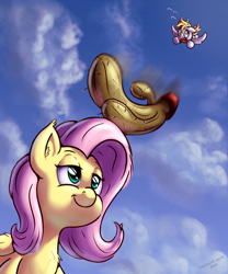 Size: 1250x1500 | Tagged: safe, artist:tadashi--kun, imported from derpibooru, derpy hooves, fluttershy, pegasus, pony, cactus, chest fluff, cloud, cloudy, ear fluff, falling, female, mare, motion blur, oblivious, sky, this will end in pain, this will end in tears