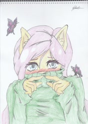 Size: 1280x1810 | Tagged: safe, artist:blitzshadowwind, imported from derpibooru, fluttershy, anthro, blushing, clothes, female, hiding, solo, sweatershy, traditional art