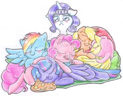 Size: 2100x1648 | Tagged: safe, artist:madisonlossen, imported from derpibooru, applejack, fluttershy, pinkie pie, rainbow dash, rarity, twilight sparkle, alicorn, pony, candy cane, cuddle puddle, cuddling, female, mane six, mare, sleep mask, sleeping, traditional art, twilight sparkle (alicorn)