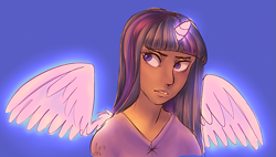 Size: 651x369 | Tagged: safe, artist:skippyrip, imported from derpibooru, twilight sparkle, human, dark skin, female, horned humanization, humanized, solo, twilight sparkle (alicorn), winged humanization