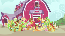 Size: 1280x720 | Tagged: safe, imported from derpibooru, screencap, apple bloom, apple brown betty, apple bumpkin, apple cinnamon, apple cobbler, apple crumble, apple dumpling, apple flora, apple fritter, apple honey, apple leaves, apple mint, apple pie (character), apple rose, apple split, apple squash, apple strudel, apple tarty, apple top, applejack, aunt orange, auntie applesauce, babs seed, big macintosh, braeburn, bushel, candy apples, florina tart, gala appleby, granny smith, half baked apple, hayseed turnip truck, hoss, jonagold, liberty belle, marmalade jalapeno popette, minty apple, perfect pie, red delicious, red gala, red june, sweet tooth, uncle orange, wensley, earth pony, pony, unicorn, apple family reunion, apple family, apple family member, apple siblings, barn, crowd, family, sweet apple acres, the oranges, wall of tags
