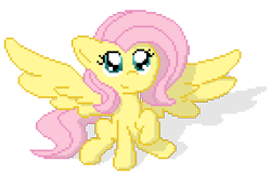 Size: 548x356 | Tagged: safe, artist:deadlycomics, imported from derpibooru, fluttershy, pegasus, pony, female, looking up, mare, pixel art, raised hoof, simple background, sitting, smiling, solo, spread wings, transparent background, wings