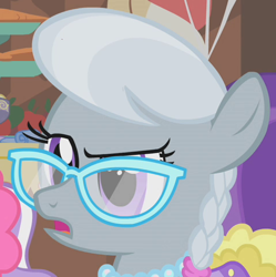 Size: 479x481 | Tagged: safe, imported from derpibooru, screencap, silver spoon, earth pony, pony, call of the cutie, confused, cute, face, female, filly, foal, frown, glasses, jewelry, necklace, open mouth, pearl necklace, portrait, raised eyebrow, silver spoon is not amused, solo