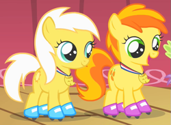 Size: 579x423 | Tagged: safe, imported from derpibooru, screencap, peachy pie, sunny daze, earth pony, pony, the show stoppers, background pony, cropped, duo focus, female, filly, medal, roller skates