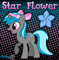 Size: 881x906 | Tagged: safe, artist:kibbiethegreat, imported from derpibooru, oc, oc only, oc:star flower, pony, unicorn, bow, female, full body, hair bow, hooves, horn, mare, open mouth, open smile, raised hoof, show accurate, smiling, solo, standing, tail, two toned mane, two toned tail, unicorn oc