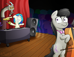 Size: 3300x2550 | Tagged: safe, artist:10art1, imported from derpibooru, discord, dj pon-3, octavia melody, vinyl scratch, cello, concert, female, lesbian, musical instrument, scratchtavia, shipping, turntable