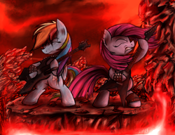 Size: 3000x2300 | Tagged: safe, artist:heavymetalbronyyeah, imported from derpibooru, pinkie pie, rainbow dash, earth pony, pegasus, pony, b.c. rich, bipedal, duo, electric guitar, eyes closed, female, flying v, guitar, mare, metal, musical instrument, pentagram, pinkamena diane pie, spiked wristband, wristband