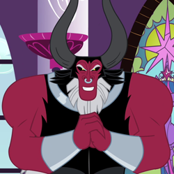 Size: 720x716 | Tagged: safe, imported from derpibooru, screencap, lord tirek, twilight's kingdom, clasped hands, cropped, male, nose piercing, nose ring, piercing, septum piercing, solo, stained glass