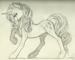 Size: 1381x1103 | Tagged: safe, artist:skybounddeos, imported from derpibooru, rarity, female, monochrome, raised hoof, sketch, smiling, solo, traditional art