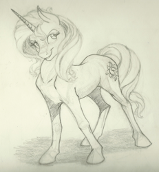 Size: 1318x1428 | Tagged: safe, artist:skybounddeos, imported from derpibooru, sunset shimmer, pony, unicorn, equestria girls, female, monochrome, sketch, solo, traditional art