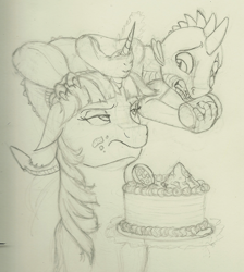 Size: 1192x1330 | Tagged: safe, artist:skybounddeos, imported from derpibooru, spike, twilight sparkle, dragon, pony, cake, dragon hat, floppy ears, levitation, monochrome, pony hat, riding, sketch, spike riding twilight, sprinkles, traditional art, twilight sparkle is not amused, unamused