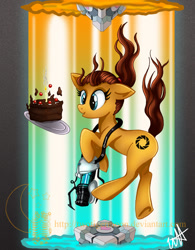 Size: 778x1000 | Tagged: safe, artist:twotigermoon, imported from derpibooru, earth pony, pony, black forest cake, cake, chell, companion cube, ponified, portal, portal (valve), portal gun, solo