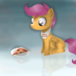 Size: 900x900 | Tagged: safe, artist:chanceyb, imported from derpibooru, scootaloo, pegasus, pony, chica, female, five nights at freddy's, food, meat, pepperoni, pepperoni pizza, pizza, solo