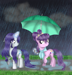 Size: 900x950 | Tagged: safe, artist:chanceyb, imported from derpibooru, rarity, suri polomare, earth pony, pony, unicorn, duo, female, generosity, magic, puddle, rain, raised hoof, telekinesis, umbrella, wet, wet mane