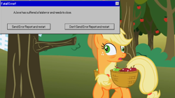 Size: 580x325 | Tagged: safe, edit, edited screencap, imported from derpibooru, screencap, applejack, applebuck season, derp, error message, female, funny, joke, message box, solo