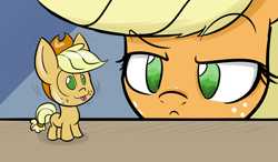 Size: 1200x700 | Tagged: safe, artist:heir-of-rick, imported from derpibooru, applejack, pony, daily apple pony, appletini, bobblehead, female, frown, raised eyebrow, silly, silly pony, tongue out, toy, unamused