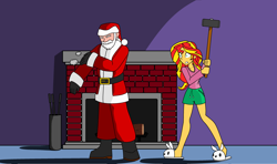 Size: 3400x2008 | Tagged: safe, artist:g-munz, imported from derpibooru, sunset shimmer, equestria girls, bunny slippers, chimney, clothes, fanfic art, fanfic cover, hammer, santa claus, sledgehammer, slippers, this will end in tears